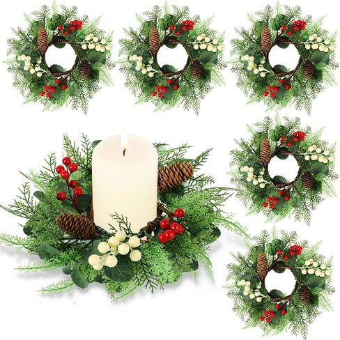 6 Pcs Valentine Candle Rings Wreaths Red Pink Wooden Heart Artificial Heart Berries Valentine's Day Candle Holder Rings Mini Wreaths Decor in Saudi Arabia