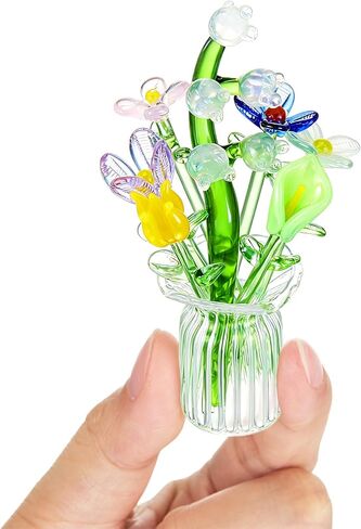 7 Color Glass Birth Flower Decor Glass Birthday Month Flower Bouquet with Small Vase Crystal Wildflower Daisy Blossoms for Women Mom Wedding Mother's Day Office Home Table Centerpiece in Saudi Arabia