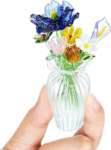 7 Color Glass Birth Flower Decor Glass Birthday Month Flower Bouquet with Small Vase Crystal Wildflower Daisy Blossoms for Women Mom Wedding Mother's Day Office Home Table Centerpiece in Saudi Arabia