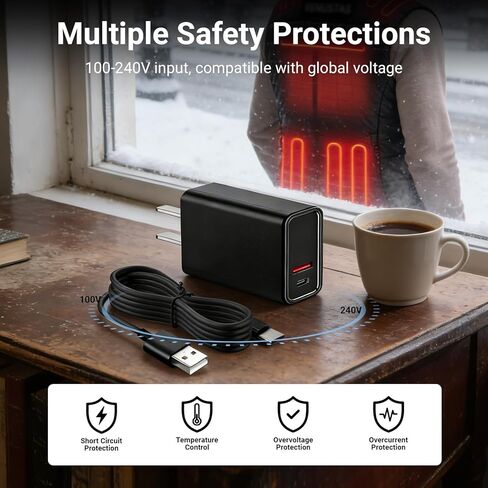 20W Fast Charger Compatible with Venustas Heated Vests, Jackets &Hoodies Dual Port Power Adapter USB-C & USB-A in Saudi Arabia