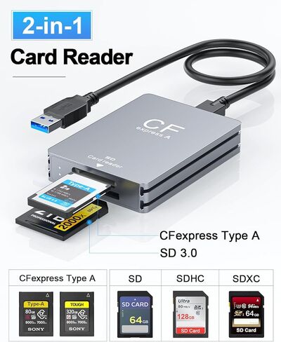 CFexpress Type A and SD 2 in 1 Memory Card Reader, 10Gbps USB 3.2 Gen 2 Type A CFexpress Adapter High Speed Dual-Slot SD CFexpress Reader with USB C + USB A Cable for Windows/Mac/Linux/Android in Saudi Arabia