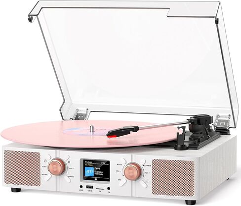 Vinyl Record Player 3-Speed Bluetooth Turntable with Built-in Speakers, USB/TF Playback, LCD Color Display, Alarm, RCA/AUX/Headphone, White & Rose Gold in Saudi Arabia