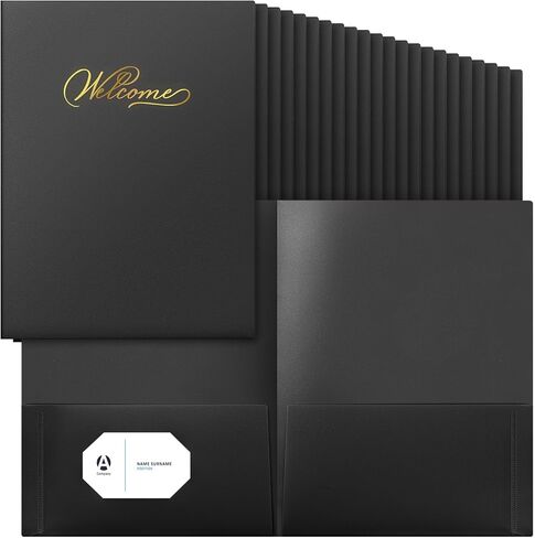 Henoyso 24 Pcs Welcome Pocket Folders, 9 x 12 Inch Two-Pocket Folder Gold Foil Stamped Welcome Presentation Folders Business Card Insert for Membership, Church, Team, New Hire, Visitors(Black) in Saudi Arabia