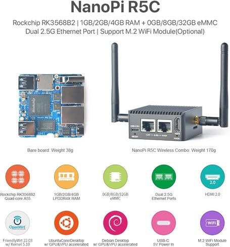NanoPi R5C Wireless Mini OpenWrt WiFi Router, with Rockchip RK3568B2 0.8T NPU 4GB LPDDR4X RAM 32GB eMMC Flash, HDMI Dual PCIe 2.5Gbps Ethernet Ports M.2 for WiFi BT Module (4GB RAM, with WiFi Module) in Saudi Arabia