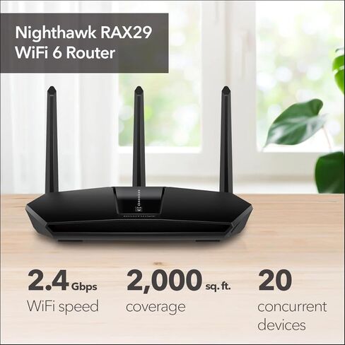 NETGEAR Nighthawk WiFi 6 Router (RAX29) - Security Features, Dual-Band Gigabit Router, AX2400 Wireless Speed (Up to 2.4 Gbps), Covers Up to 2,000 sq.ft. and 20 Devices in Saudi Arabia