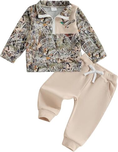 BULINGNA Toddler Baby Boy Hunting Outfit Mallard Duck Camouflage Half Zipper Sweatshirt Solid Pants Set Spring Fall Clothes in Saudi Arabia