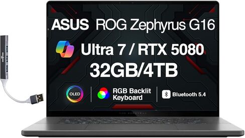 ASUS ROG Zephyrus G16 AI Gaming Laptop 16.0" ROG Nebula OLED FHD+ Display (Intel Ultra 9-285H, GeForce RTX 5080 16GB, 32GB LPDDR5X, 4TB SSD, RGB KB, Wi-Fi 7, BT 5.4, Win11Home) w/DKZ USB Port Expander in Saudi Arabia