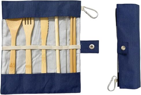 Bamboo Travel Utensil Set with Case, Cutlery Travel Set Utensils, 6-Piece Reusable Utensils, Spoon Fork Knife Chopsticks Straw and Brush, for Camping and Picnics, Utensil Set with Case in Saudi Arabia