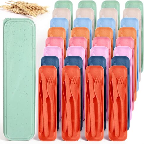 32 Sets Reusable Travel Utensils Set with Case, Portable Natural Wheat Straw Fork Spoons Knife Camping Cutlery, Lunch Box Tableware for Travel Picnic Camping Utensils, 8 colors in Saudi Arabia
