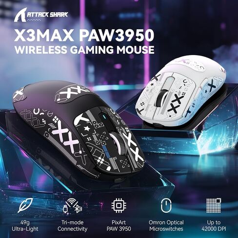 ماوس الألعاب اللاسلكي MAMBASNAKE Attack Shark X3MAX، PixArt PAW3950 42000 DPI، 49 جرامًا ثلاثي الوضع (BT5.4/2.4 جيجا هرتز/سلكي)، ماوس كمبيوتر قابل للبرمجة بمعدل 1K للكمبيوتر/MAC/Win - أسود وشريط in Saudi Arabia