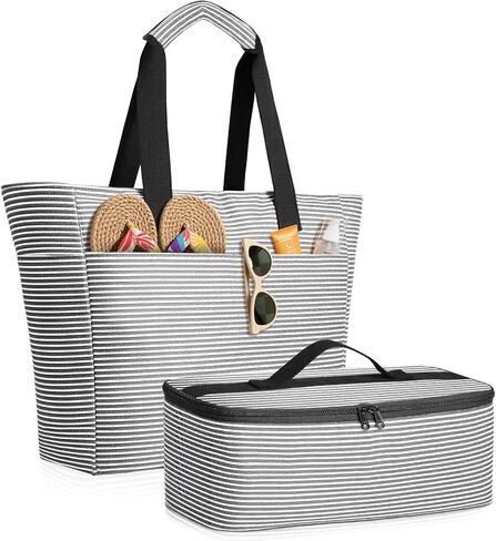 Beach Bag and Cooler Bag Set, 45L Waterproof Beach Tote with Zipper Closure, Foldable Extra Large XXL Family Weekender Bags, with 8 Pockets, Suitable for Pool, Picnic, Shopping, Travel in Kuwait