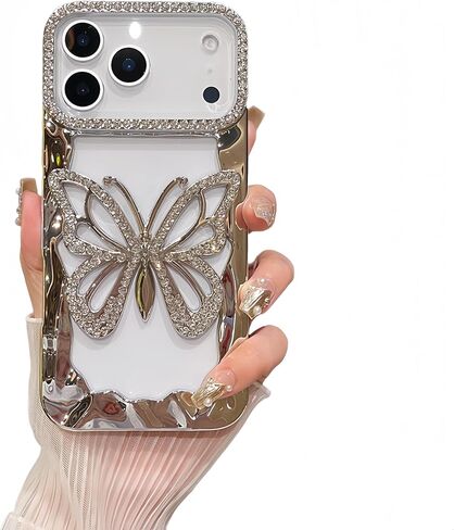 for iPhone 17 Pro Max Case Cute Butterfly Hollow Back Plating TPU Bumper Design,Luxury Bling Diamond Glitter Girly Phone Case for iPhone 17 Pro Max for Women Girls Silver in Kuwait