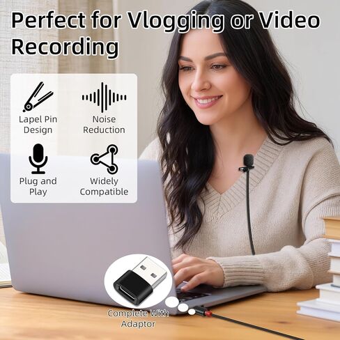 GELRHONR USB C Lavalier Microphone, Type-C Lapel Microphone Wired with USB A Adapter, 48kHz/24bit, Compatible with PC,Laptop, Phone for Video Recording, Live Streaming and More, 4.9FT in Saudi Arabia