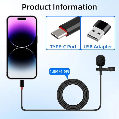 GELRHONR USB C Lavalier Microphone, Type-C Lapel Microphone Wired with USB A Adapter, 48kHz/24bit, Compatible with PC,Laptop, Phone for Video Recording, Live Streaming and More, 4.9FT in Saudi Arabia