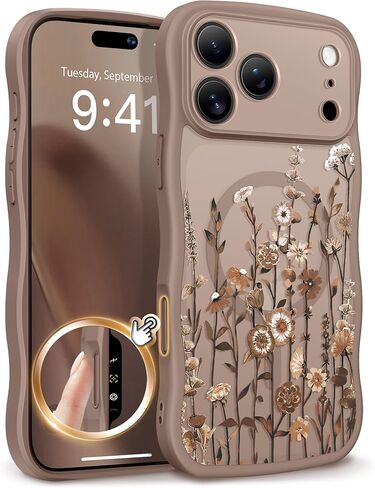 GVIEWIN for iPhone 17 Pro Max Case Compatible with MagSafe [Curly Wave Edge][Full Camera Protection] Floral Translucent Shockproof Magnetic Women Phone Case for 17 Pro Max, Floratopia/Brown in Saudi Arabia