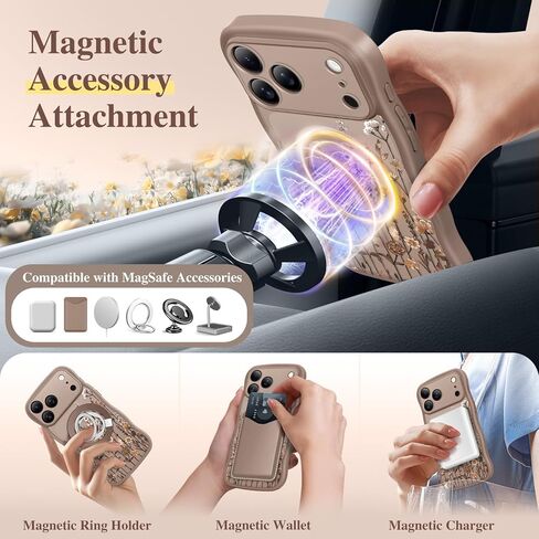 GVIEWIN for iPhone 17 Pro Max Case Compatible with MagSafe [Curly Wave Edge][Full Camera Protection] Floral Translucent Shockproof Magnetic Women Phone Case for 17 Pro Max, Floratopia/Brown in Saudi Arabia
