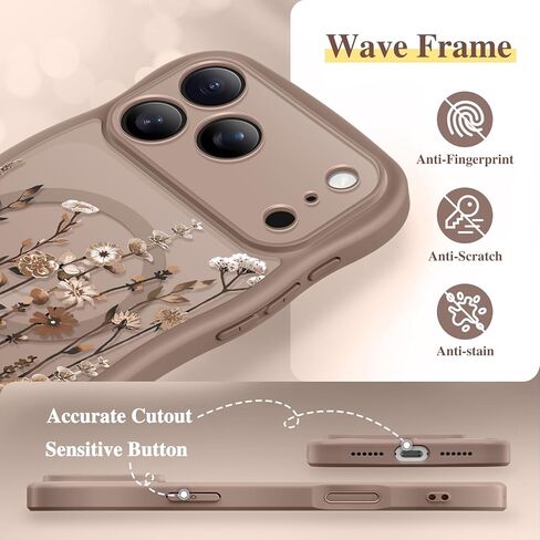 GVIEWIN for iPhone 17 Pro Max Case Compatible with MagSafe [Curly Wave Edge][Full Camera Protection] Floral Translucent Shockproof Magnetic Women Phone Case for 17 Pro Max, Floratopia/Brown in Saudi Arabia