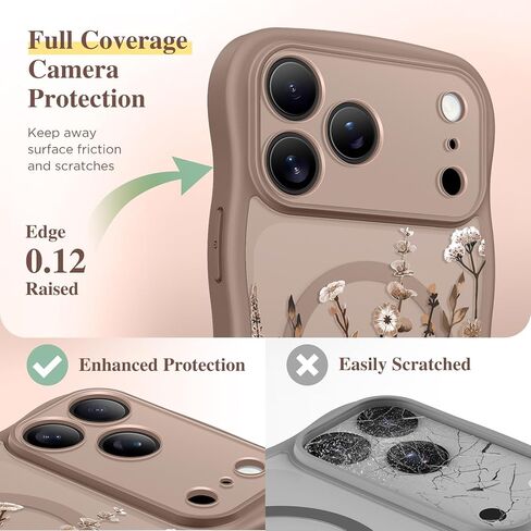GVIEWIN for iPhone 17 Pro Max Case Compatible with MagSafe [Curly Wave Edge][Full Camera Protection] Floral Translucent Shockproof Magnetic Women Phone Case for 17 Pro Max, Floratopia/Brown in Saudi Arabia