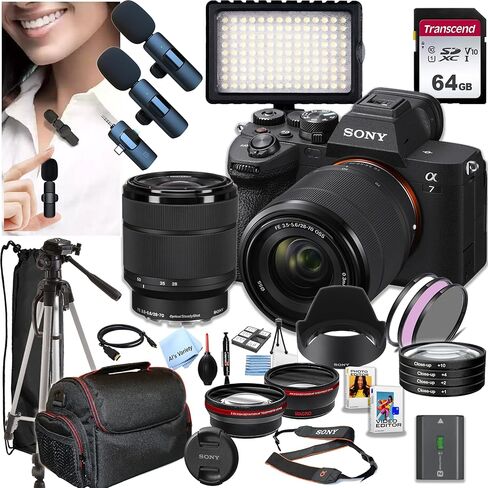 Sony A7 IV Mirrorless Camera with 28-70mm Lens + 64GB Memory,Wireless Lavalier Microphones, 126 LED Light, Filters,Case, Tripod, and More (34pc Bundle) in Saudi Arabia