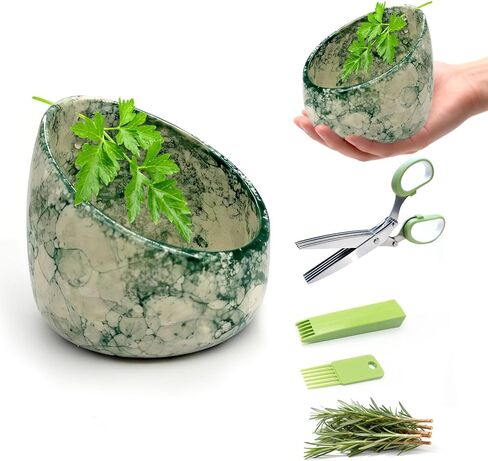 Pottery Herb Stripper Bowl Set – 2 Piece, Including 5-Blade Stainless Steel Herb Cutter Scissors, Herb Stripping Tool & Handmade Pottery Herb Stripper Bowl, For Stripping Leaves and Rhizomes (Green) in Saudi Arabia