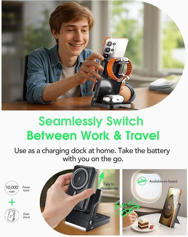 محطة شحن قابلة للطي لهاتف سامسونج، شاحن لاسلكي مغناطيسي 5 في 1 بقدرة 10000 مللي أمبير في الساعة وبنك طاقة محمول قابل للفصل متوافق مع هاتف Galaxy S25 Edge/Z Fold/Flip 7/S25/S24/S23، Galaxy Watch8، Bud in Kuwait