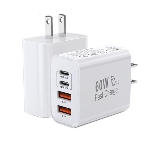 كتلة شاحن USB C 60 واط، 2 حزمة 4 منافذ GaN USB C شاحن شحن سريع قابس حائط مزدوج النوع C+منفذ USB-A مزدوج محول طاقة متعدد المنافذ مكعب لهاتف iPhone 17 Pro Max/16e/15/14/13/12/11، iPad Pro/Air/Mini in Kuwait