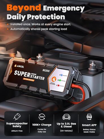 ANCEL BS200 Super Capacitor Jump Starter، معزز بطارية السيارة 12 فولت، لا يتطلب شحن، شاشة بطارية التطبيق، صندوق القفز على اللوحة وكابلات التوصيل، للغاز والديزل 3.0 لتر in Saudi Arabia