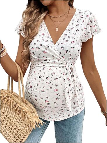 MakeMeChic Women's Maternity Tee Shirt Ditsy Floral Wrap V Neck Cap Sleeve Summer Pregnancy Tops in Saudi Arabia