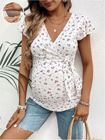 MakeMeChic Women's Maternity Tee Shirt Ditsy Floral Wrap V Neck Cap Sleeve Summer Pregnancy Tops in Saudi Arabia