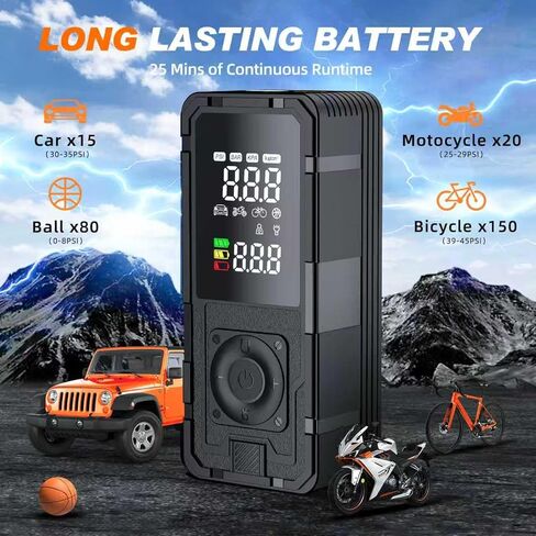 P10 Tire Inflator Portable Air Compressor,33s Fast Inflation,20" Hose,150PSI Cordless Pump with Dual Power Supply,Digital Gauge,Auto Shut-Off for Car,Truck, Bike, Ball in Saudi Arabia