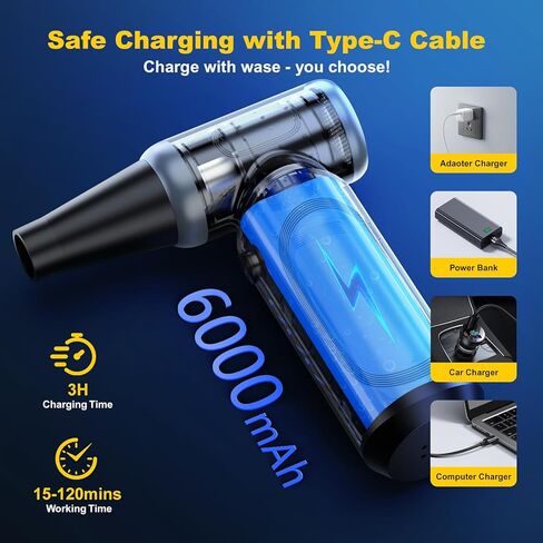 منفضة هواء مضغوطة كهربائية معدنية، محرك بدون فرشاة 300000 دورة في الدقيقة مع سرعة ستبليس، منفاخ صغير لاسلكي قابل لإعادة الشحن لتنظيف لوحة مفاتيح الكمبيوتر، وتفصيل السيارة، والاستخدام المنزلي والخارجي (أسود) in Kuwait