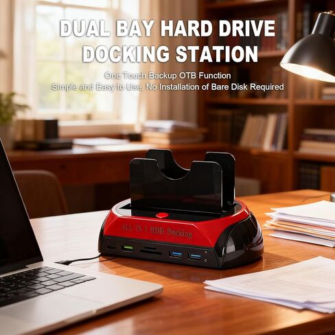 محطة إرساء القرص الصلب، محطة إرساء محرك الأقراص الصلبة الخارجية USB 3.0 ذات خليج مزدوج مع نسخة احتياطية بلمسة واحدة، قارئ قرص عالمي لبطاقة ذاكرة IDE SATA HDD SSD مقاس 2.5 3.5 بوصة (قابس أمريكي) in Kuwait