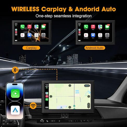 7'' Wireless CarPlay Screen for Car, Portable Apple Car Play & Android Auto, Car Stereo HD Touchscreen, 5.8G WiFi, Voice Control, GPS Navigation, Siri & Mirror Link, for All Vehicles in Kuwait