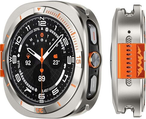 غطاء معدني متوافق مع حافظة Samsung Galaxy Watch Ultra 2025/2024، ممتص الصدمات الواقي 2 في 1 مع إطار خلفي لساعة Galaxy Watch 47 ملم (جرافيت/برتقالي) in Kuwait