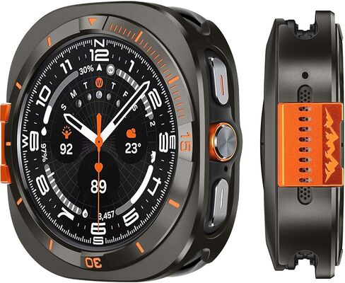 غطاء معدني متوافق مع حافظة Samsung Galaxy Watch Ultra 2025/2024، ممتص الصدمات الواقي 2 في 1 مع إطار خلفي لساعة Galaxy Watch 47 ملم (جرافيت/برتقالي) in Kuwait