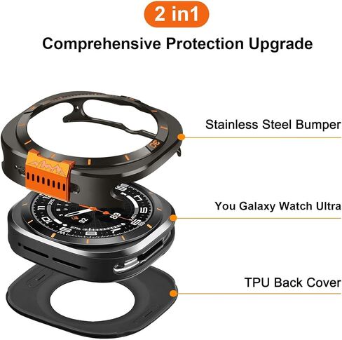 غطاء معدني متوافق مع حافظة Samsung Galaxy Watch Ultra 2025/2024، ممتص الصدمات الواقي 2 في 1 مع إطار خلفي لساعة Galaxy Watch 47 ملم (جرافيت/برتقالي) in Kuwait