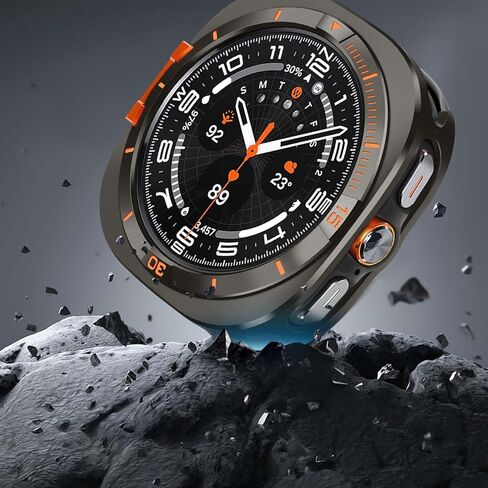 غطاء معدني متوافق مع حافظة Samsung Galaxy Watch Ultra 2025/2024، ممتص الصدمات الواقي 2 في 1 مع إطار خلفي لساعة Galaxy Watch 47 ملم (جرافيت/برتقالي) in Kuwait