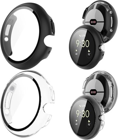 عبوتان من حافظات الساعة المتوافقة مع ساعة Google Pixel Watch 4 مقاس 45 مم، اشحن مع حافظة، واقي شاشة من الزجاج المقوى عالي الدقة، حساس للمس، مقاوم للصدمات، أسود + شفاف in Kuwait