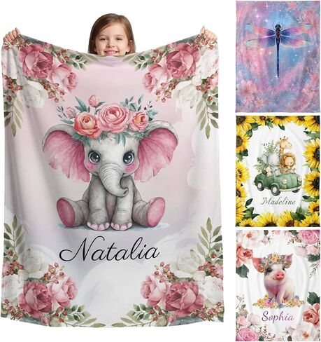 Custom Name Blankets Personalized Baby Blanket for Girls, Ultra Soft Throw Blanket for Girls Bedroom Decor, Customized 36 Cute Animals Design Birthday Gifts for Baby Girl, Daughter, Niece in Saudi Arabia