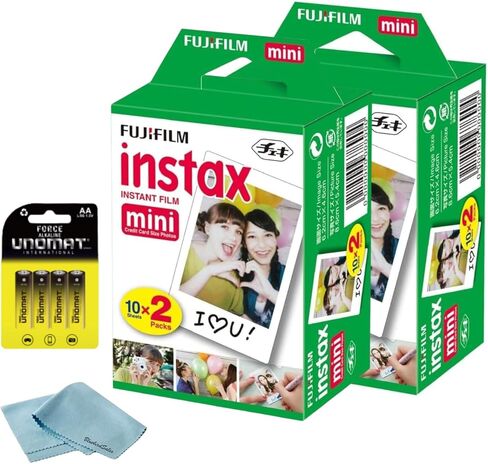 فيلم Fujifilm Instax Mini الفوري، 40 لقطة (10 ورقات × 4) - التقط الذكريات في أي وقت وفي أي مكان + قطعة قماش تنظيف ممتازة من BluebirdSales و8 بطاريات AA in Kuwait