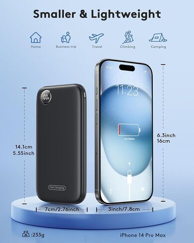 Powerbank Fast Charging Max 12V/4.5A, Ultra Slim Portable Charger USB C 10000mah, Travel Power Bank for iPhone 11 12 13 14 15 16 17 Samsung Android, DC Lightweight Battery Pack Phone Charger, Black in Kuwait