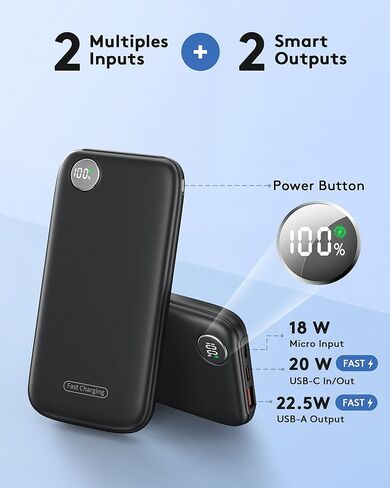 Powerbank Fast Charging Max 12V/4.5A, Ultra Slim Portable Charger USB C 10000mah, Travel Power Bank for iPhone 11 12 13 14 15 16 17 Samsung Android, DC Lightweight Battery Pack Phone Charger, Black in Kuwait