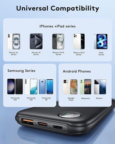 Powerbank Fast Charging Max 12V/4.5A, Ultra Slim Portable Charger USB C 10000mah, Travel Power Bank for iPhone 11 12 13 14 15 16 17 Samsung Android, DC Lightweight Battery Pack Phone Charger, Black in Kuwait