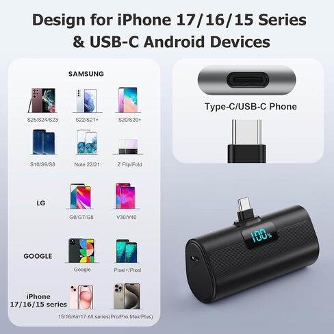 شاحن محمول صغير لهاتف iPhone 17/16، بنك طاقة PD USB C بقدرة 5500 مللي أمبير في الساعة، حزمة بطارية لشاحن الهاتف بجيب السفر لسلسلة iPhone 17/17 Pro Max/16/16 Pro/15، وSamsung Galaxy Android وما إلى ذلك in Kuwait