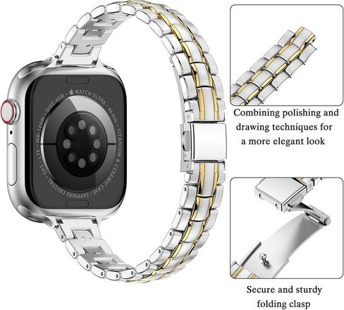 حزام معدني ضيق متوافق مع أساور ساعة Apple 38 مم 40 مم 41 مم 42 مم 44 مم 45 مم 46 مم 49 مم (السلسلة 11 10 9 8 7 6 5 4 3 2 1 SE Ultra)، أحزمة iWatch رفيعة مصنوعة من الفولاذ المقاوم للصدأ للنساء in Kuwait