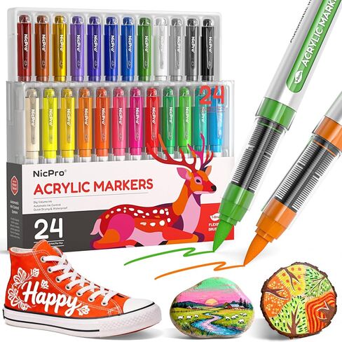 Nicpro 24 Colors Acrylic Paint Markers Brush Tip, Water-Based No-Bleed Paint Markers with Automatic Ink Control, Waterproof Acrylic Paint Pens for DIY Art & Crafts - Rock, Wood, Glass, Ceramic, Fabric in Saudi Arabia
