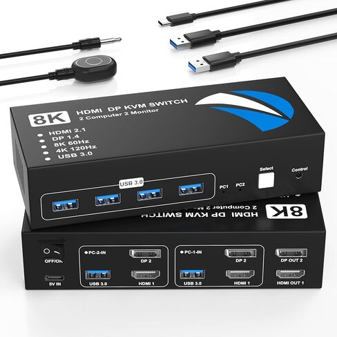 8K @ 60 هرتز HDMI DisplayPort KVM Switch 2 شاشات 2 جهاز كمبيوتر، 4K @ 120 هرتز شاشة مزدوجة KVM مفاتيح HDMI DisplayPort لجهازي كمبيوتر يشاركان شاشتين و4 أجهزة USB لمحرك الأقراص الصلبة لطابعة ماوس لوحة المفاتيح in Kuwait