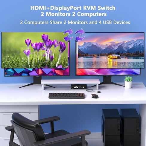 8K @ 60 هرتز HDMI DisplayPort KVM Switch 2 شاشات 2 جهاز كمبيوتر، 4K @ 120 هرتز شاشة مزدوجة KVM مفاتيح HDMI DisplayPort لجهازي كمبيوتر يشاركان شاشتين و4 أجهزة USB لمحرك الأقراص الصلبة لطابعة ماوس لوحة المفاتيح in Kuwait