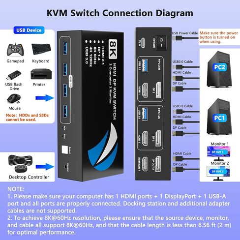 8K @ 60 هرتز HDMI DisplayPort KVM Switch 2 شاشات 2 جهاز كمبيوتر، 4K @ 120 هرتز شاشة مزدوجة KVM مفاتيح HDMI DisplayPort لجهازي كمبيوتر يشاركان شاشتين و4 أجهزة USB لمحرك الأقراص الصلبة لطابعة ماوس لوحة المفاتيح in Kuwait