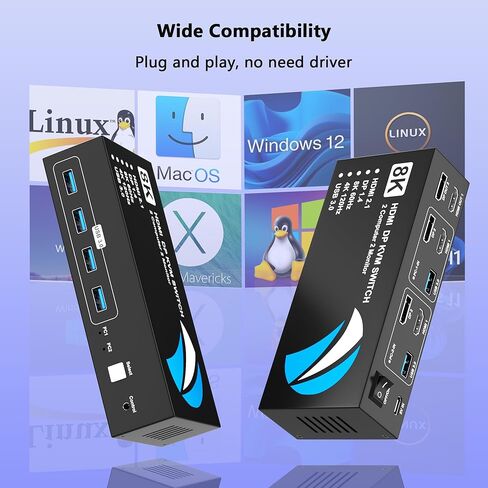 8K @ 60 هرتز HDMI DisplayPort KVM Switch 2 شاشات 2 جهاز كمبيوتر، 4K @ 120 هرتز شاشة مزدوجة KVM مفاتيح HDMI DisplayPort لجهازي كمبيوتر يشاركان شاشتين و4 أجهزة USB لمحرك الأقراص الصلبة لطابعة ماوس لوحة المفاتيح in Kuwait